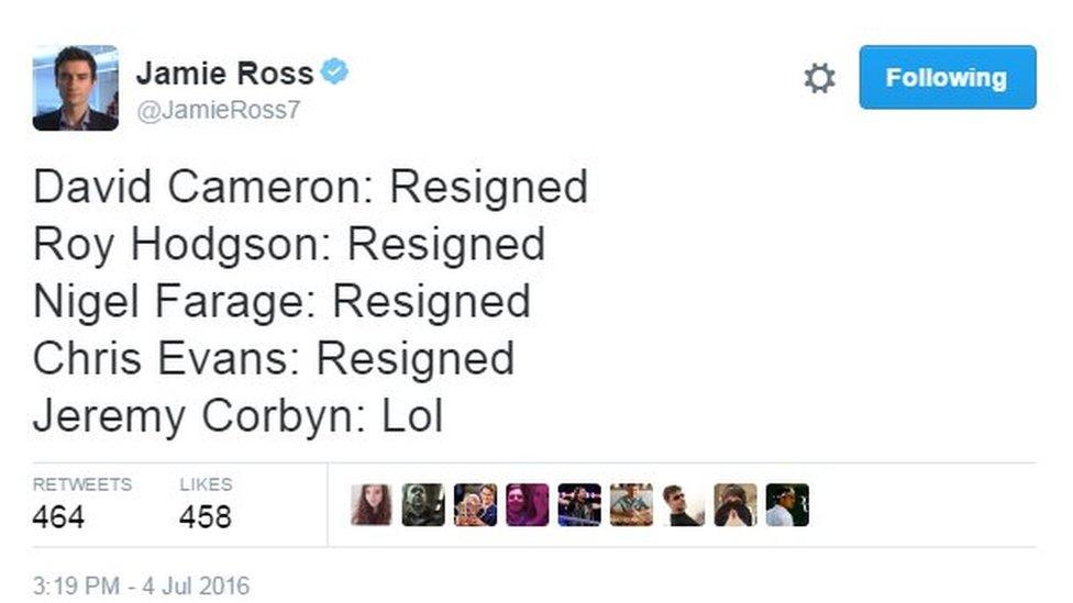 David Cameron: Resigned. Roy Hodgson: Resigned. Nigel Farage: Resigned. Chris Evans: Resigned.Jeremy Corbyn: Lol