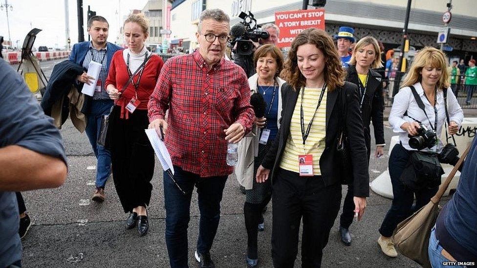 Tom Watson speaking to journalists in Brighton