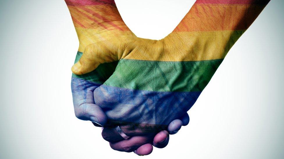 Two men holding hands with the rainbow flag projected onto them