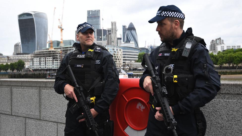 Two armed police officers pictured on south bank of thames with London buildings in background including the Gherkin and the Walkie Talkie