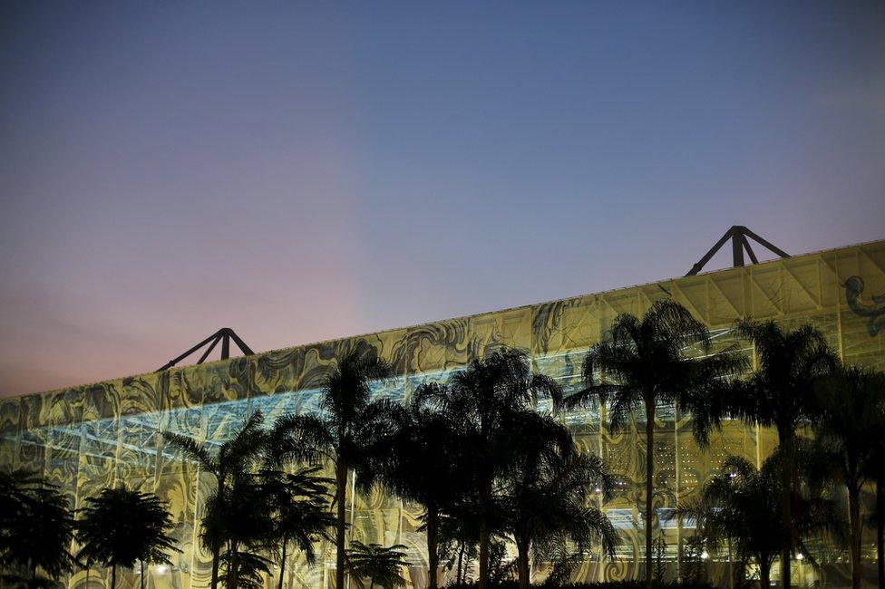 The Olympic aquatics venue is pictured at the 2016 Rio Olympics park in Rio de Janeiro, 11 April