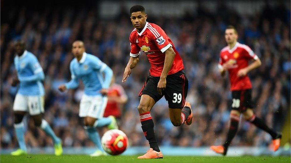 Marcus Rashford of Manchester United in action against Manchester City