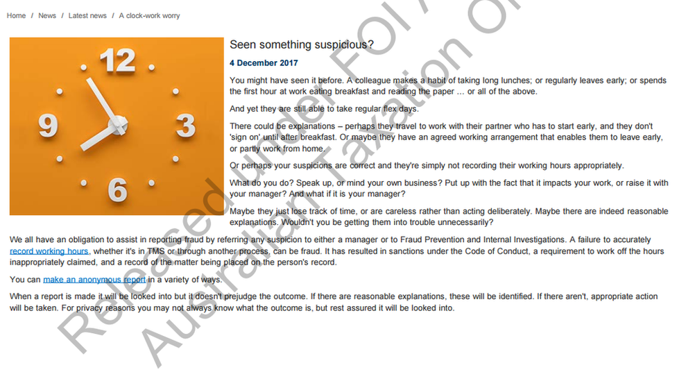A screenshot of the workplace memo urging Australian Tax Office workers to report their colleagues