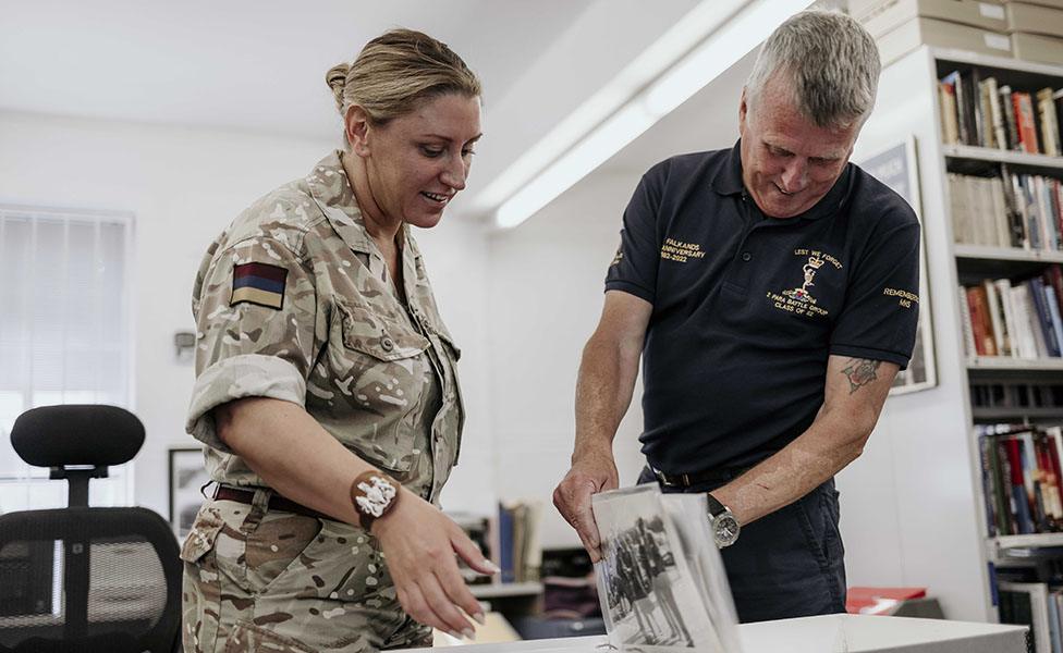 Warrant Officer Class 1 Sara Halford and Falklands veteran Clive Smith