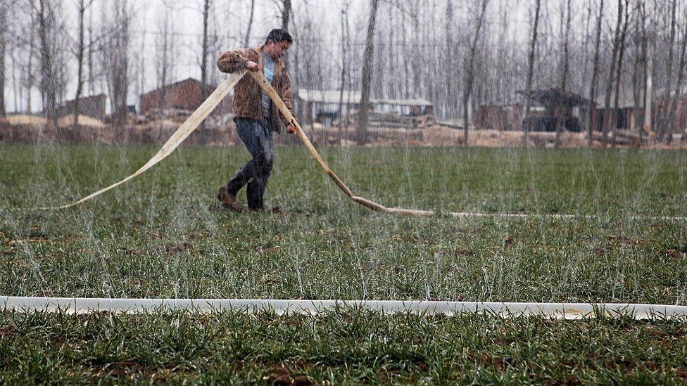 This photo taken on 8 February 2011 shows a Chinese farmer watering his drought-stricken wheat field in Luoyang, north China's Henan province, as the worst drought in six decades affecting large swathes of northern China.