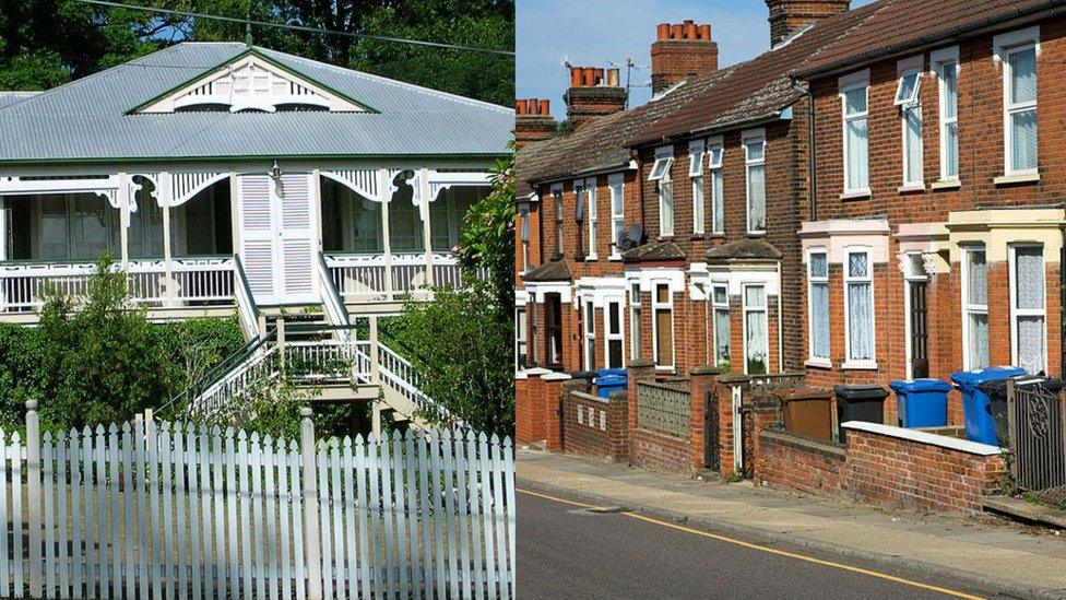 A traditional Queenslander in Australia, raised on stilts to allow air to flow around the house (R), terraced houses in Suffolk, England with large windows exposed to the sun (L)