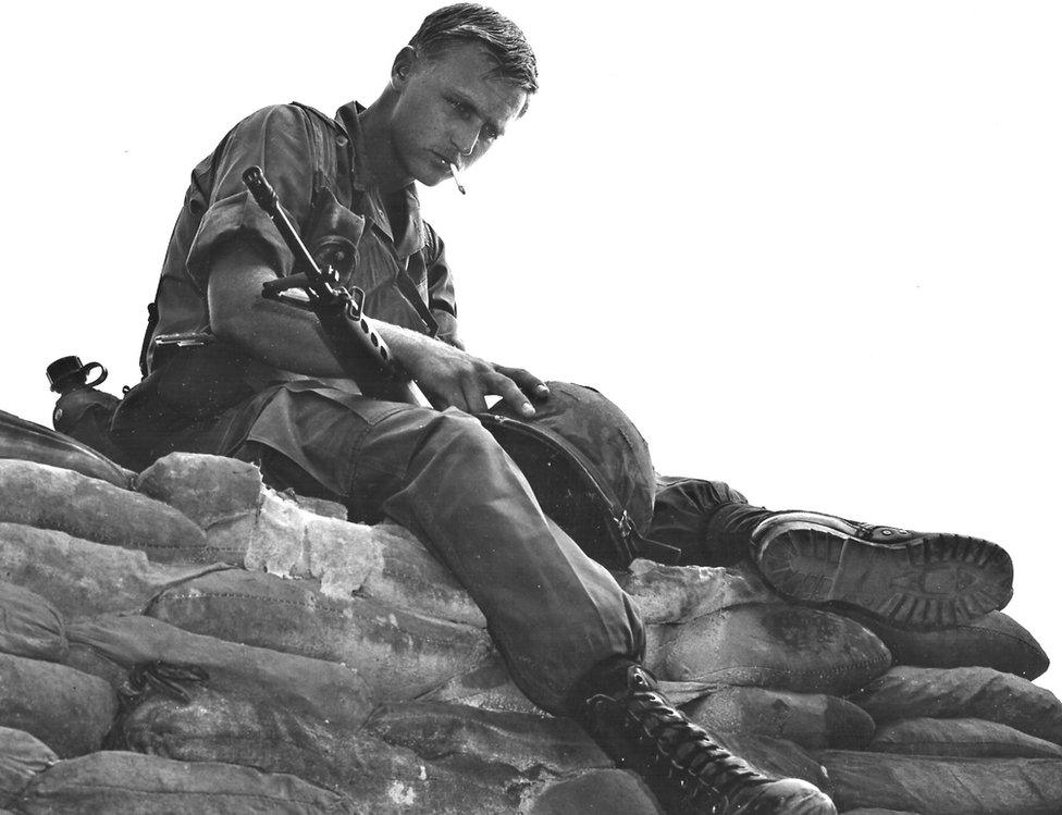 A 25th Infantry soldier before a mission in the Tay Ninh Province, November 1969