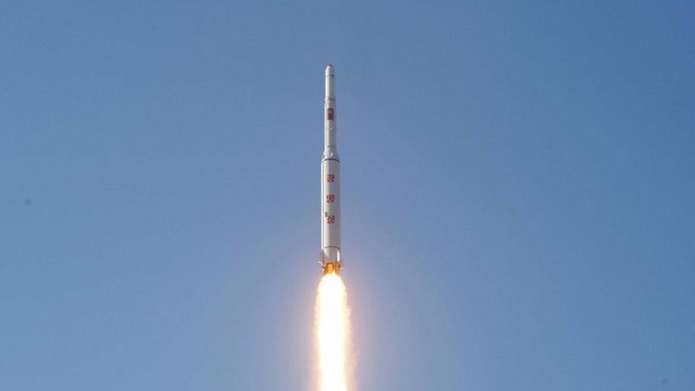 A North Korean long-range rocket is launched into the air at the Sohae rocket launch site in this undated photo released by North Korea's Korean Central News Agency (KCNA) in Pyongyang, 7 February 2016