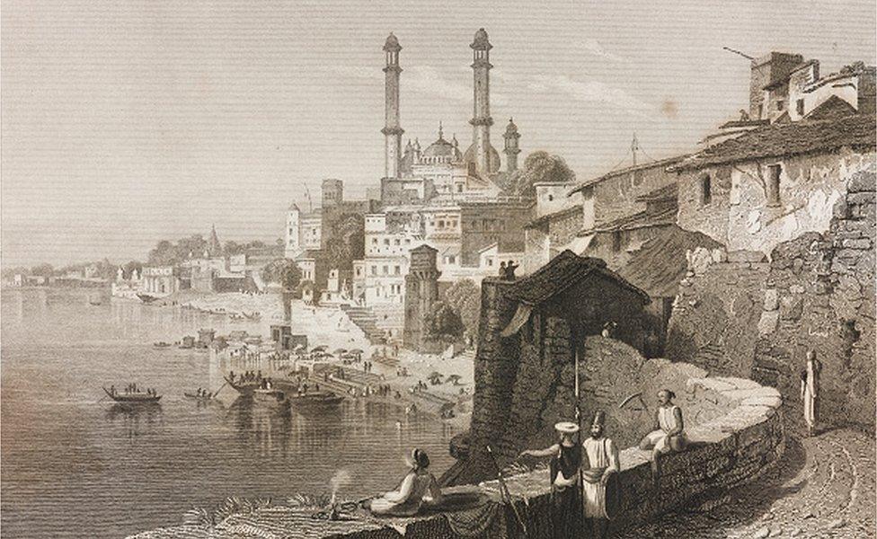 The Gyanvapi mosque in Varanasi (Benares), India, drawn by Purser from original sketches by Commander Robert Elliott, from Views in India, China, and on the shores of the Red Sea, 1835, by Emma Roberts (1794-1840). (Photo by DeAgostini/Getty Images)