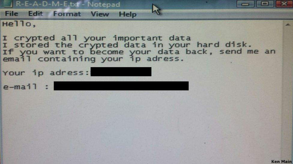 The message Ken Main received on his company computer demanding a ransom for the release of his data.