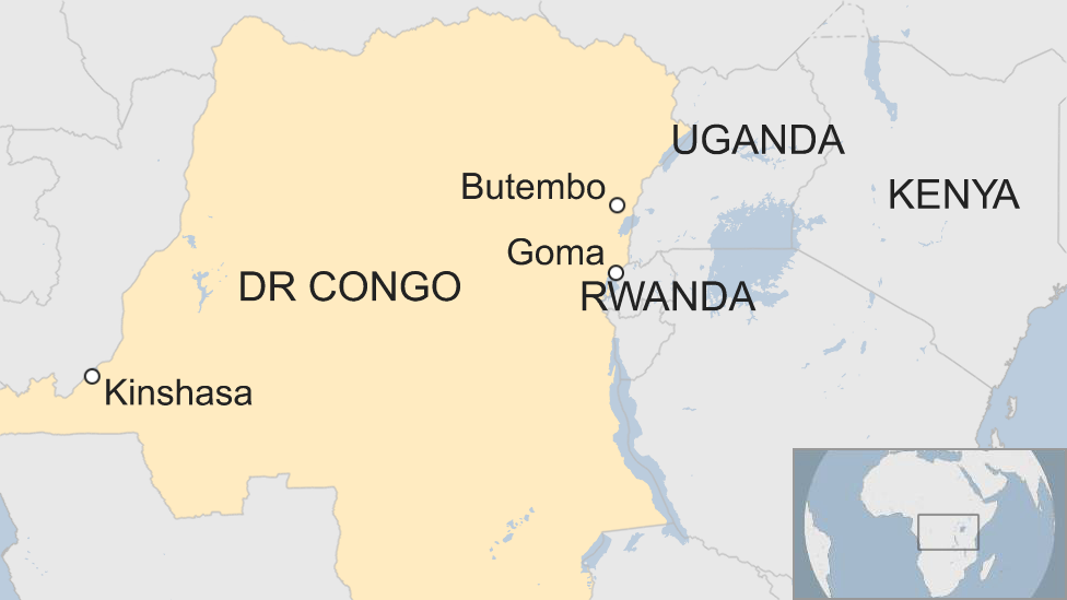 A map showing the location of Butembo and Goma inside DR Congo.