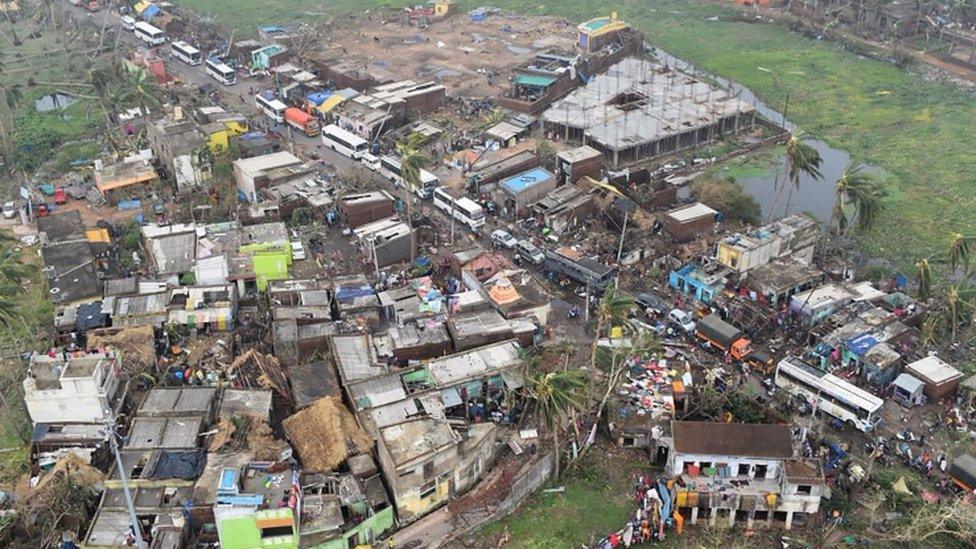 An aerial picture showing storm damage in a residential area of Puri, 4 May 2019