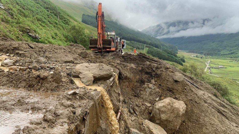 Scene at A83 following landslips