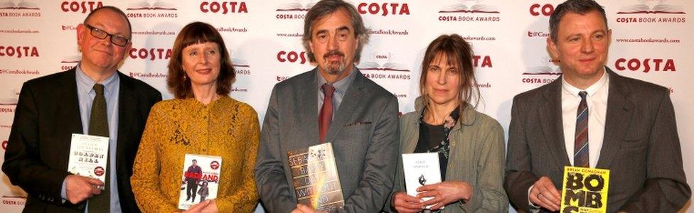 (Left to Right) Francis Spufford, Keggie Carew, Sebastian Barry, Alice Oswald and Brian Conaghan pose with their books