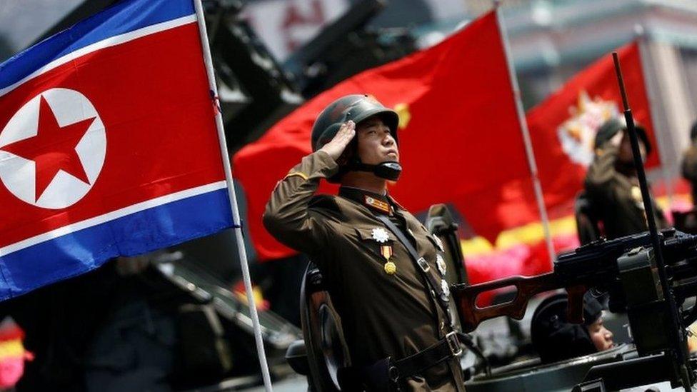 Korean People's Army soldier saluting during a parade for the "Day of the Sun" festival on Kim Il Sung Square in Pyongyang, North Korea, 15 April 2017.