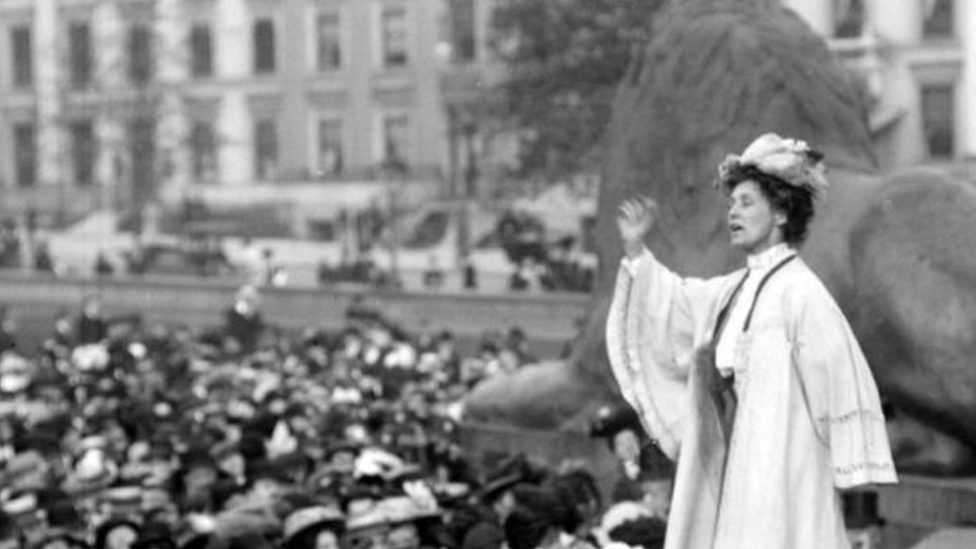 Suffragette Emmeline Pankhurst addressing a meeting in London's Trafalgar Square, 1908