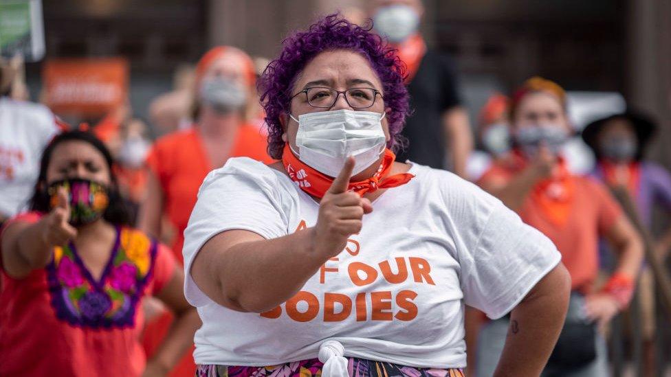 Pro-choice protesters perform outside the Texas State Capitol on 1 September