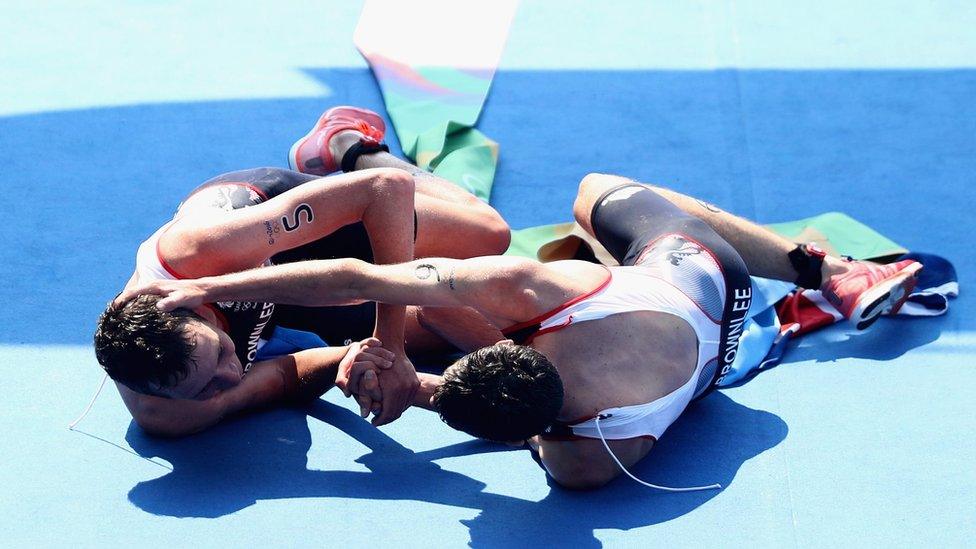 Alistair Brownlee and Jonathan Brownlee of Great Britain celebrate during the Men's Triathlon