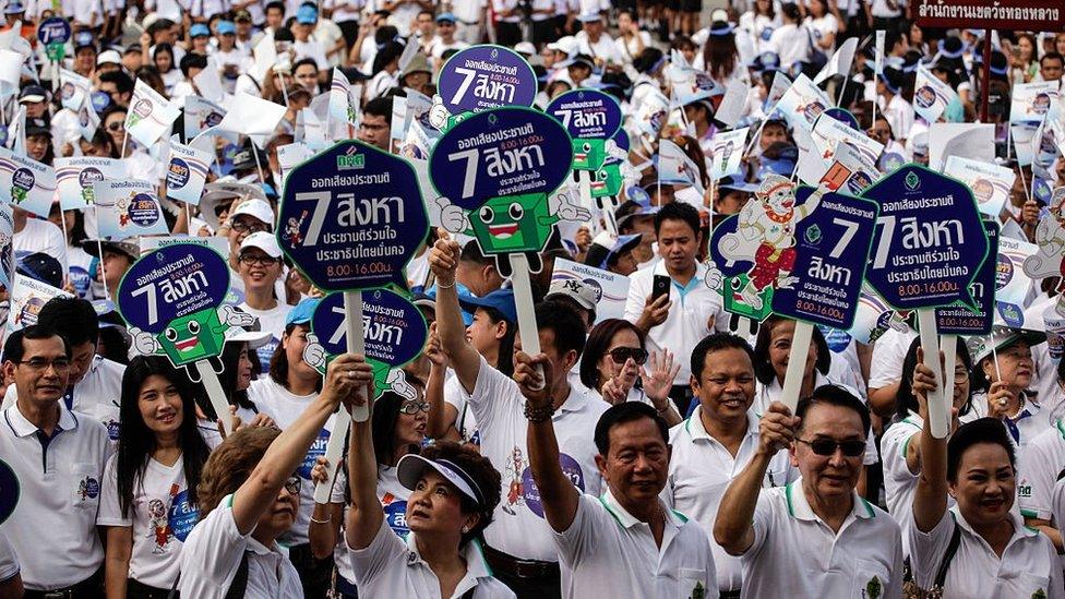 Civil servants and military school students attend a Thai constitution referendum promotional event organized by the Election Commission of Thailand, on August 4, 2016 in Bangkok, Thailand.