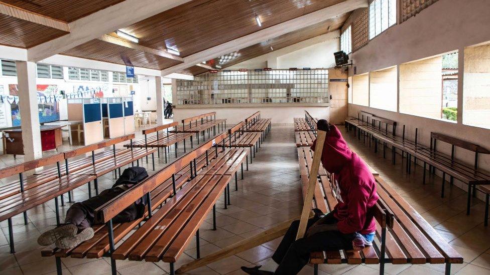 Patients wait on the benches at Nakuru Level-5 Hospital where medical services have greatly been hampered by an ongoing nationwide doctor's strike that is now entering its third week.