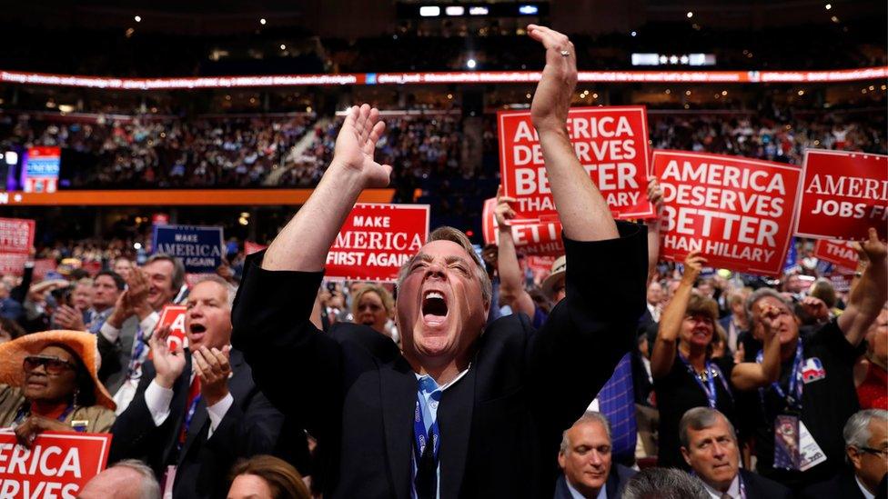 New York delegate David DiPietro reacts during the third day session of the Republican National Convention in Cleveland, Wednesday, July 20, 2016. (AP Photo/Carolyn Kaster)