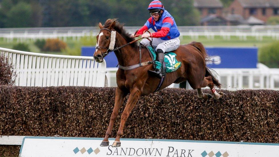 Jamie Moore riding Step Back clear the last to win The bet365 Gold Cup Handicap Steeple Chase at Sandown Park racecourse on April 28, 2018