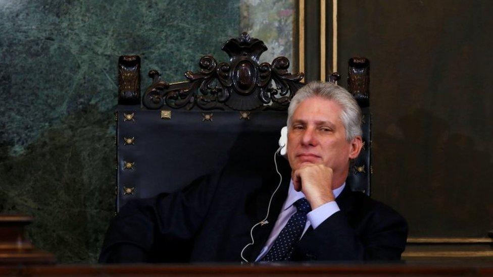 Cuba's First Vice-President Miguel Diaz-Canel listens to Vietnam's Communist Party Secretary General Nguyen Phu Trong (not pictured) at the University of Havana, in Havana, Cuba March 29, 2018.