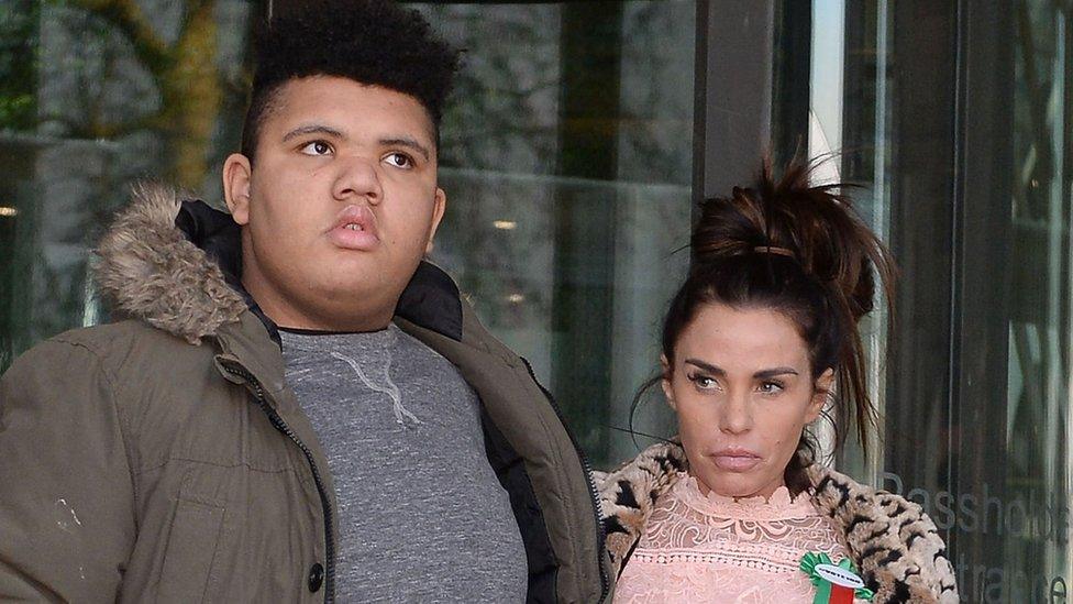 Katie Price with her son Harvey leave Portcullis House in London after giving evidence to the Commons Petitions Committee where she called for online abuse to be made a specific offence.