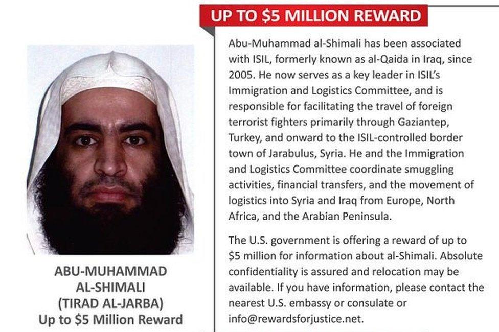 Wanted poster issued by US for Abu Muhammad al-Shimali