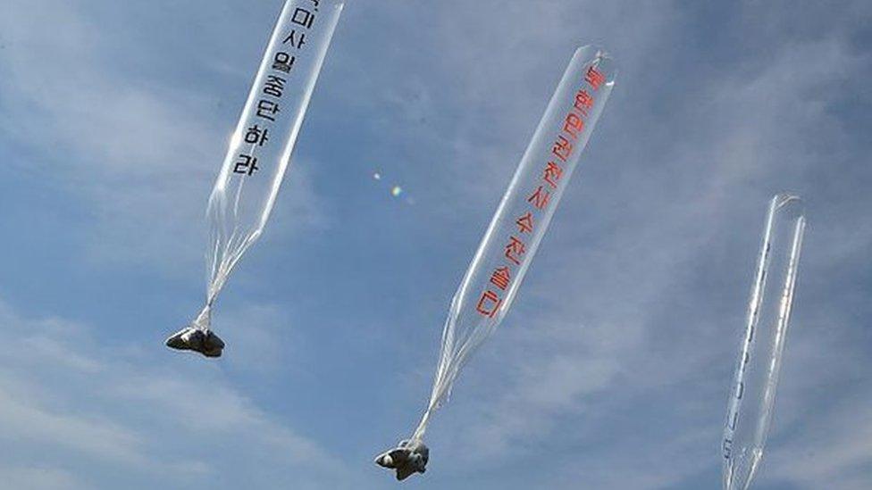 South Korean and US activists release balloons carrying anti-Pyongyang leaflets at a field near the Demilitarized zone