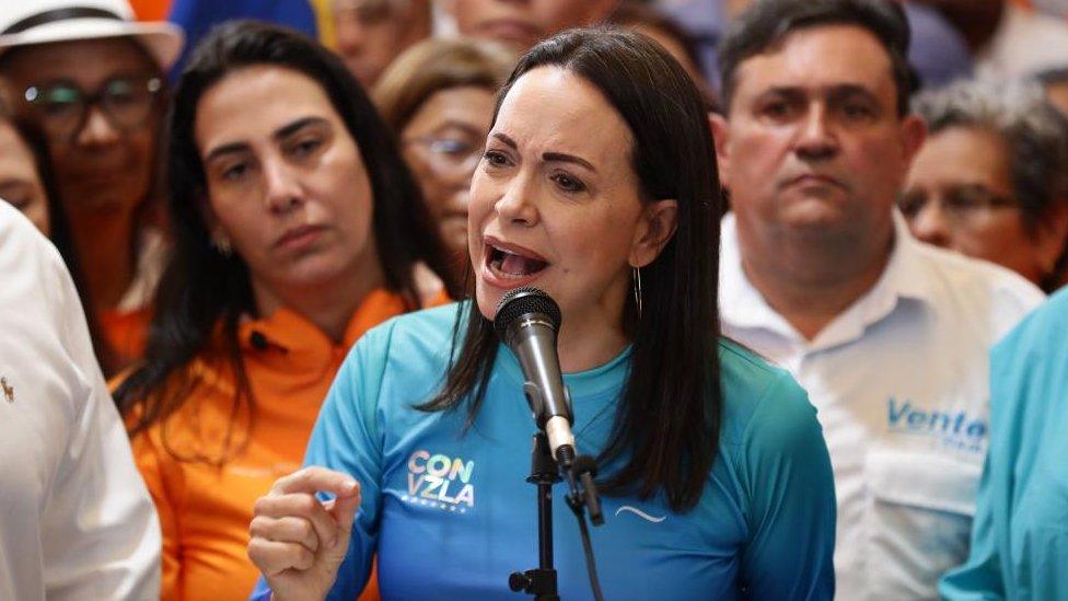 María Corina Machad speaks at a press conference in Caracas, Venezuela, 13 October 2023