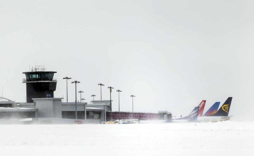 A view of planes at Leeds Bradford Airport in Yorkshire