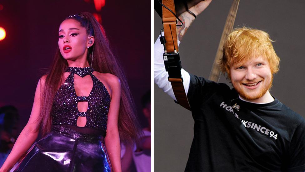 A composite image of Ariana Grande and Ed Sheeran