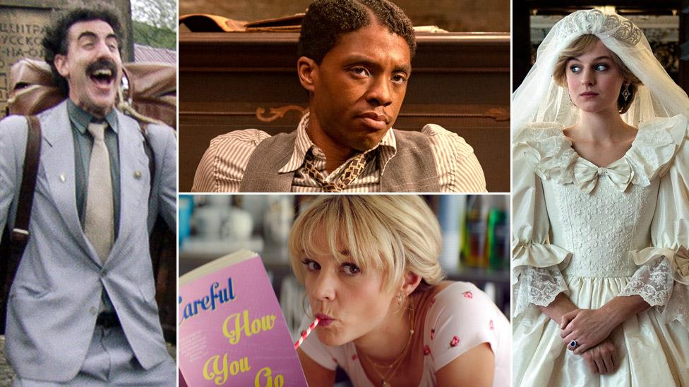 Clockwise from left: Sacha Baron Cohen in Borat 2, Chadwick Boseman in Ma Rainey's Black Bottom, Emma Corrin in The Crown, Carey Mulligan in Promising Young Woman