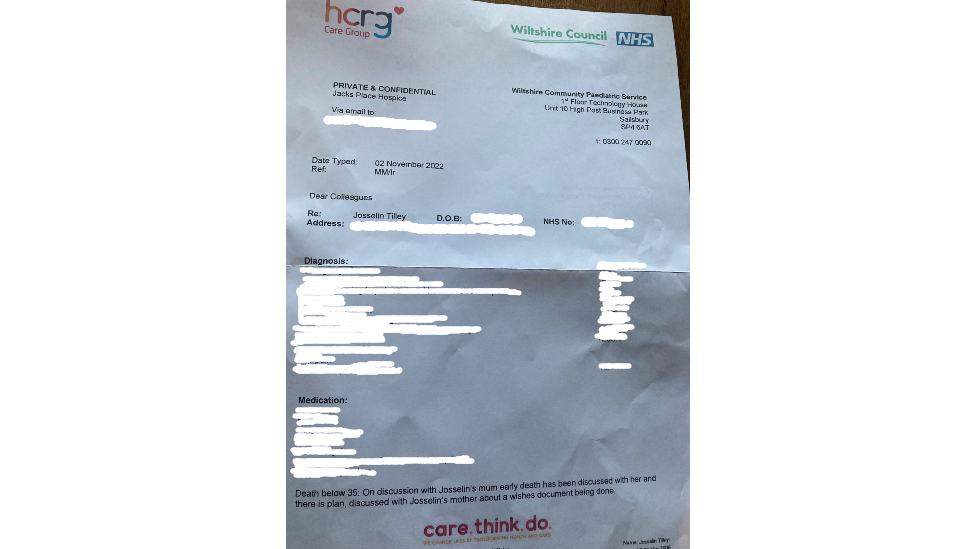 Letter received by Mrs Tilley from HCRG community paediatrician