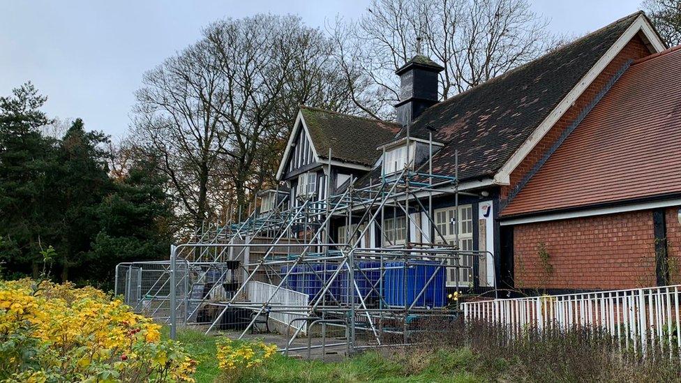 Scaffolding around the Rose Garden Cafe in Sheffield