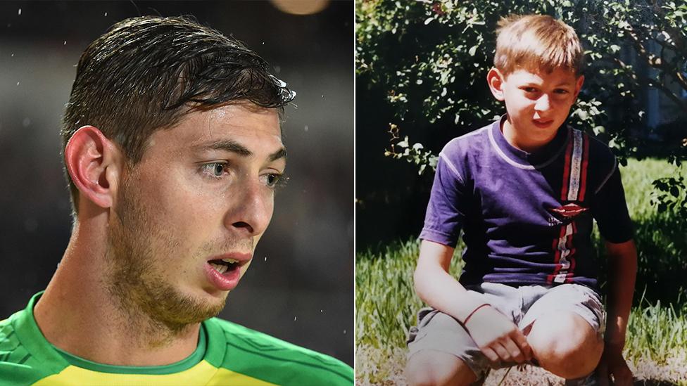 Emiliano Sala in his playing days at Nantes and (right) as a young boy in Argentina