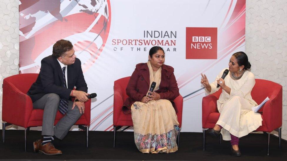 (L-R) The BBC's head of business for Asia-Pacific, Indu Shekhar, Olympic weightlifter Karnam Malleshwari, and he head of BBC's Indian language services, Rupa Jha.