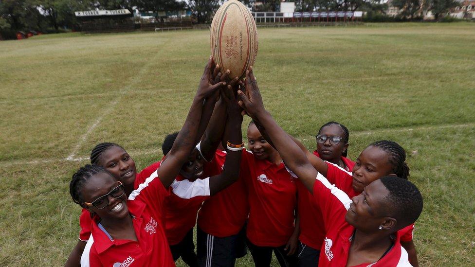 Members of the Kenya Women's Rugby team hold a ball at the RFUEA grounds in Nairobi, Kenya - Monday 4 April 2016