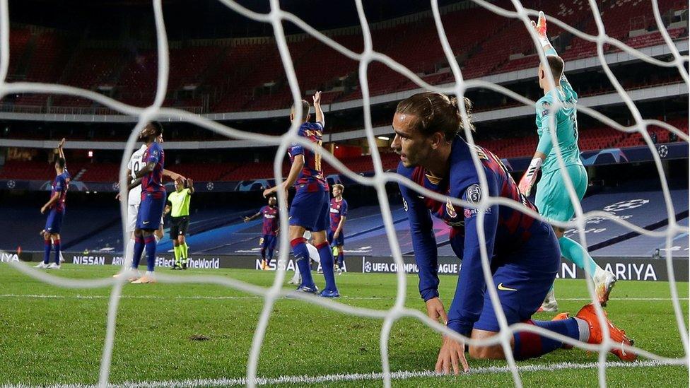 View from the goal in the Champions League - Quarter Final - FC Barcelona v Bayern Munich