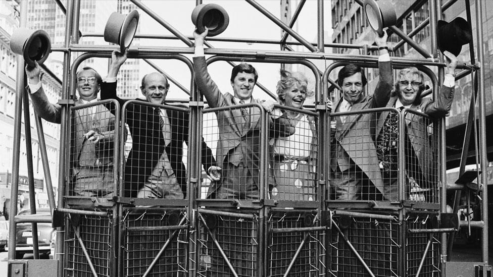 John McCririck (far right) with Graham Goode, John Oaksey, Brough Scott, Judith Chalmers and Derek Thompson in 1983