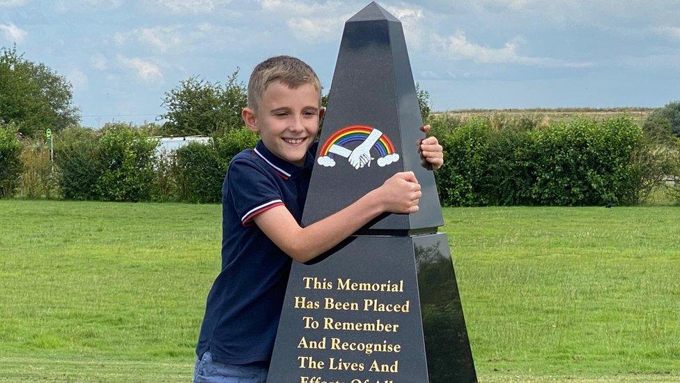 Jake with his Covid-19 memorial obelisk