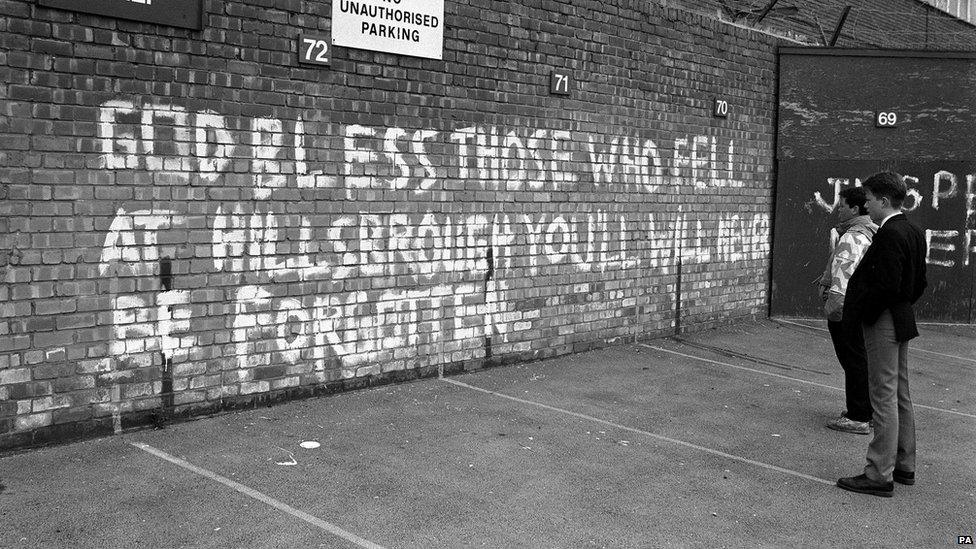 Graffiti written in 1989 reading: "God bless those who fell at Hillsborough. You'll never be forgotten."