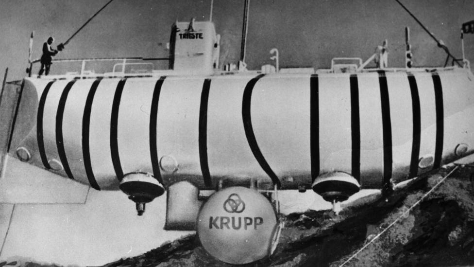 Jacques Piccard in 'Trieste', the bathyscaphe designed by his father Auguste Piccard. Jaques and Lt. Don Walsh reached a record depth in the Mariana Trench on 23rd January 1960. Photo shows the bathyscaphe at the Krupp factory in Essen.