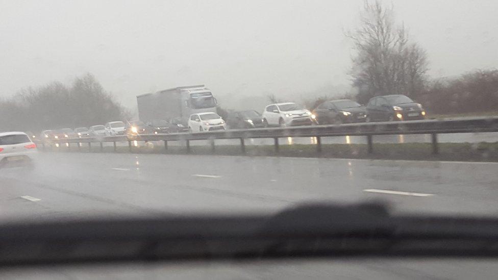 South Wales Police say conditions on the M4 are hazardous because of the rain