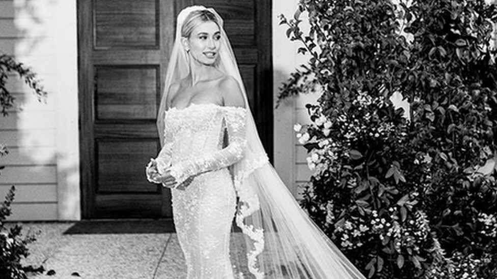 Hailey Bieber in white wedding dress