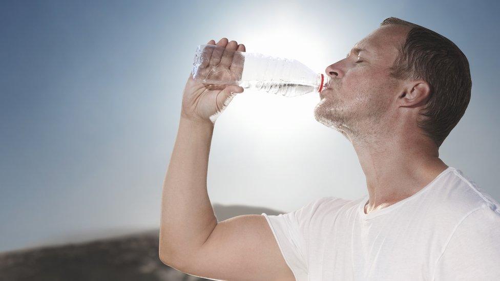 Hot sunny day drinking water from a bottle - stock photo