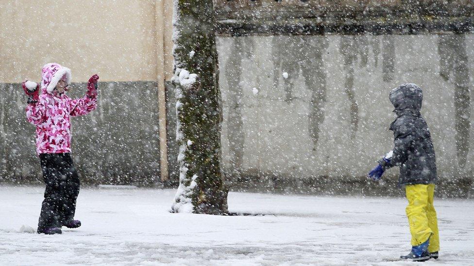 Children took advantage of the rare snowfall in Palma de Majorca on Tuesday 17 January