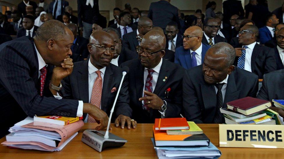 Attorneys in defense of Nigeria"s Chief Justice Walter Onnoghen are pictured at the Code of Conduct Tribunal in Abuja