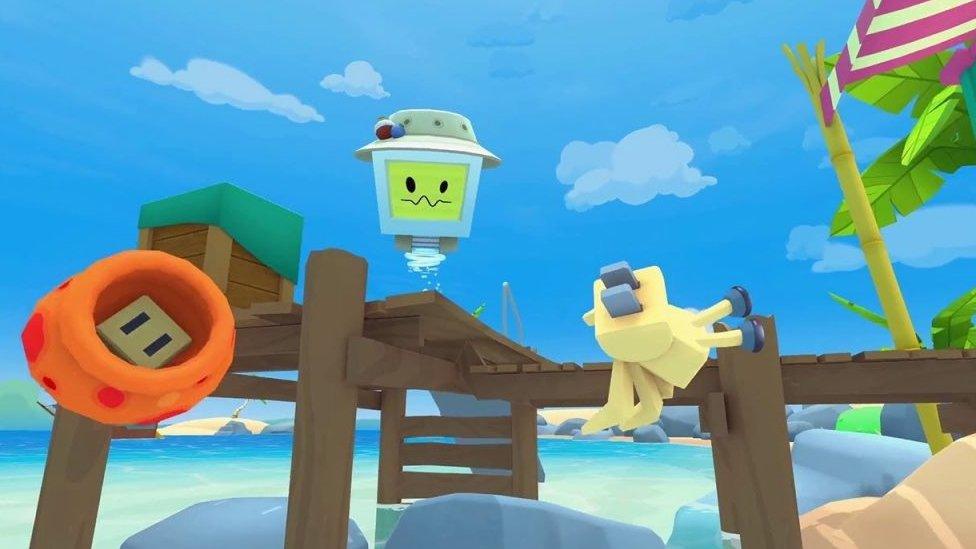 A robot in Vacation Simulator watches the player on a beach